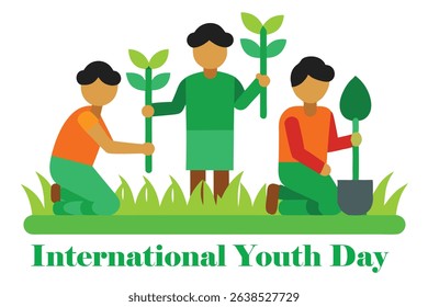 Flat vector of teens planting trees in rural fields, wearing gamchas, holding saplings and spades. Green paddy fields, white background, with "International Youth Day" text. Eco-youth theme.