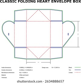 Flat vector template of a classic folding heart shaped envelope box with dimensions and cut lines