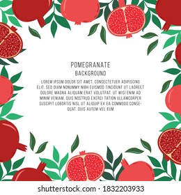 Flat vector template with pomegranate fruit for greeting cards, invitations, stories, books. Frame with drawn Botanical illustrations and decorative elements with space for text.