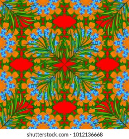 Flat vector template. Seamless pattern green, orange and blue leaves.