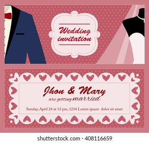 Flat vector template for wedding invitation with just married couple: groom and bride. Background with tuxedo and wedding dress for marriage invitation card. Invitation to wedding party or ceremony.