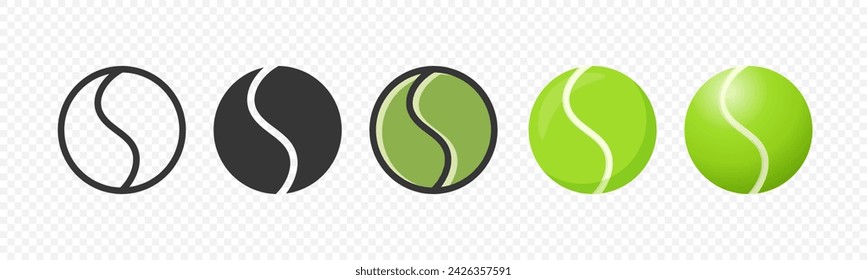 Conjunto de iconos de bola de tenis de vector plano. Plantilla de diseño de pelota de tenis, Clipart para conceptos deportivos, promociones de competición, anuncios, gráficos para un evento de tenis, contenido deportivo, productos, logotipo
