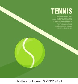 Flat Vector Tennis Ball Icon is on the Green Tennis Court. Tennis Ball Design Template, Sports Concepts, Competition Promotions, Advertisements, Graphics for a Tennis Event. Sports Background