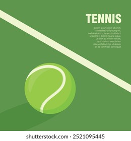 El ícono plano de la pelota de tenis de Vector está en la cancha de tenis verde. Plantilla de diseño de pelotas de tenis, conceptos deportivos, promociones de competencia, anuncios, gráficos para un evento de tenis. Antecedentes deportivos