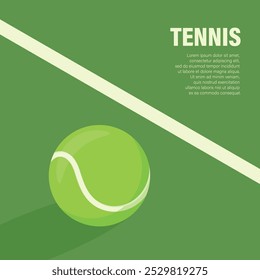 Flat Vector Tennis Ball Icon is on the Green Tennis Court. Tennis Ball Design Template, Sports Concepts, Competition Promotions, Advertisements, Graphics for a Tennis Event. Sports Background
