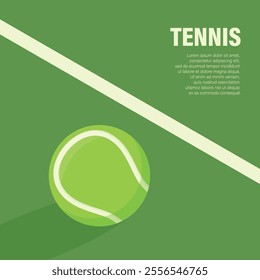 Flat Vector Tennis Ball Icon is on the Green Tennis Court. Tennis Ball Design Template, Sports Concepts, Competition Promotions, Advertisements, Graphics for a Tennis Event. Sports Background