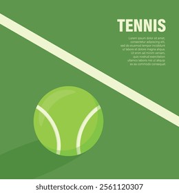 Flat Vector Tennis Ball Icon is on the Green Tennis Court. Tennis Ball Design Template, Sports Concepts, Competition Promotions, Advertisements, Graphics for a Tennis Event. Sports Background