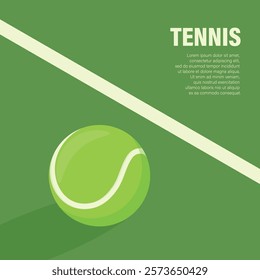 Flat Vector Tennis Ball Icon is on the Green Tennis Court. Tennis Ball Design Template, Sports Concepts, Competition Promotions, Advertisements, Graphics for a Tennis Event. Sports Background