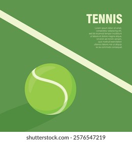 Flat Vector Tennis Ball Icon is on the Green Tennis Court. Tennis Ball Design Template, Sports Concepts, Competition Promotions, Advertisements, Graphics for a Tennis Event. Sports Background