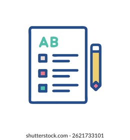 A flat vector of a test paper and pencil, minimalist style and bright colors isolated on White.