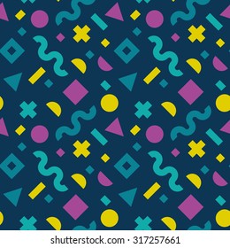 Flat vector texture of geometric colorful shapes. Geometric figures patter in modern hipster style. Nice abstract background with geometrical figures in neon colors.