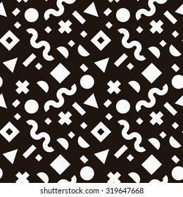 Flat vector texture of geometric colorful shapes. Monochrome geometric figures patter in modern hipster style. Nice abstract background with geometrical figures in black and white.