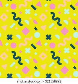 Flat vector texture of geometric colorful shapes. Geometric figures patter in modern hipster style. Nice abstract background with geometrical figures in neon colors.