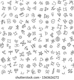 Flat vector texture of geometric shapes. Monochrome geometric figures seamless pattern in modern hipster style. Fun abstract background with geometrical figures in black and white.