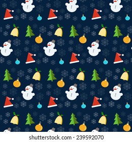 Flat vector  texture with New Year and Christmas elements: tree, snowman, bell, toy, Santa hat, snowflakes on dark blue background.