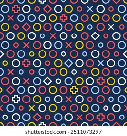 Flat vector texture. Seamless colorful vector pattern with modern hipster geometric design. Fun dynamic fashion design with bold minimal geometric shapes. Red, white, yellow and blue on navy blue.