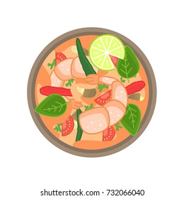 Flat vector thai shrimp sour soup tom yum khung or goong. Traditional asian dish for restaurant menu or advertisement design