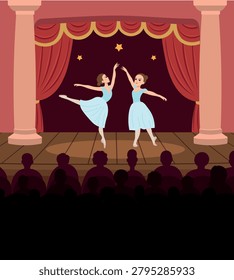 Flat vector theater scene with audience and two ballerinas dancing on stage. Classical ballet performance in elegant theatrical setting.