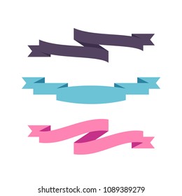 Flat vector three horizontal banner and pointers labels. Set of decorative colored horizontal ribbons isolated on white. Vector ribbon set for page decor. 