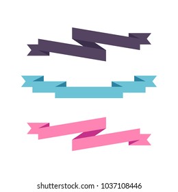 Flat vector three horizontal ribbon banner and pointers labels. Set of decorative colored horizontal ribbons isolated on white. Vector ribbon set for page decor. 