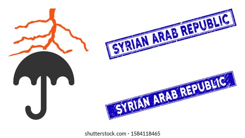 Flat vector thunderstorm lightning umbrella pictogram and rectangular Syrian Arab Republic seal stamps. A simple illustration iconic design of Thunderstorm Lightning Umbrella on a white background.