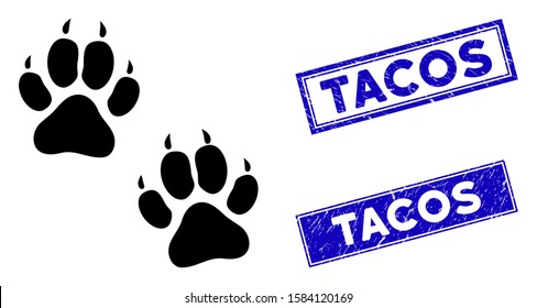 Flat vector tiger footprints icon and rectangle Tacos seal stamps. A simple illustration iconic design of Tiger Footprints on a white background. Blue Tacos rubber stamps with scratched textures.