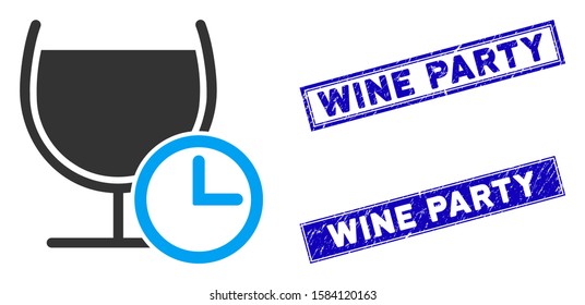 Flat vector time to drink icon and rectangle Wine Party rubber prints. A simple illustration iconic design of Time to Drink on a white background. Blue Wine Party rubber seals with corroded textures.