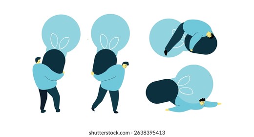 Flat Vector of Tired People Carrying Giant Lightbulb – Concept of Burnout and Creative Pressure
