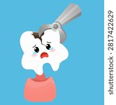 Flat vector tooth extraction with flat vector cartoon style of sad tooth and dental forceps on blue background