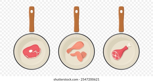 Flat Vector Top View Skillet With Steak, Chicken Leg And Wing, Meat Shank On Bone. Frying Pan Illustration. Cooking Pan With Meat, Steak In Pan, Chicken Wing, Meat Shank. Culinary Art