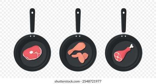 Flat Vector Top View Skillet With Steak, Chicken Leg And Wing, Meat Shank On Bone. Frying Pan Illustration. Cooking Pan With Meat, Steak In Pan, Chicken Wing, Meat Shank. Culinary Art