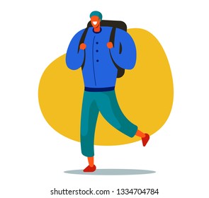 flat vector tourist illustration on yellow background. character with a backpack.