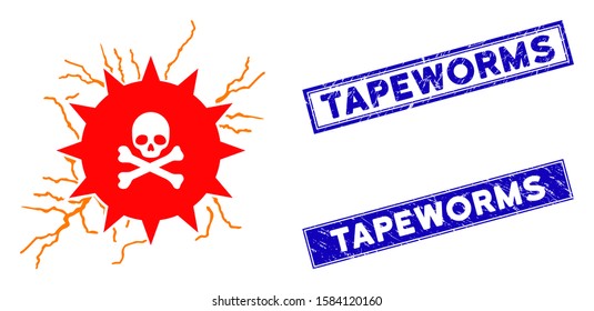 Flat vector toxic power icon and rectangular Tapeworms seal stamps. A simple illustration iconic design of Toxic Power on a white background. Blue Tapeworms seal stamps with grunge surface.