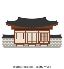 Vetor plano da tradicional casa Hanok coreana vista frontal com telhas pretas curvas, paredes de madeira, contornos em negrito, estilo geométrico limpo. Design de arquitetura simplificado em fundo branco.