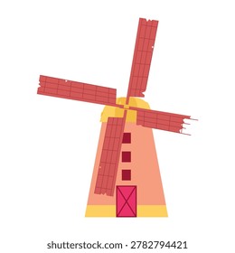 Flat vector traditional windmill illustration with rotating blades and rustic architecture isolated on light background.