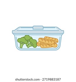 Vector plano de un recipiente de vidrio transparente lleno de una comida saludable pre-porcionada: floretes de brócoli y proteína a la parrilla. Enfatiza el control de las porciones, la preparación de comidas y la nutrición equilibrada para un estilo de vida de bienestar holístico.