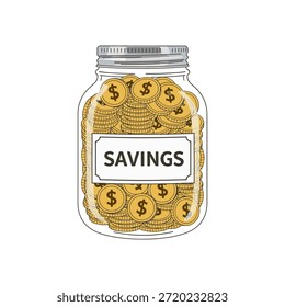 Flat vector of a transparent glass jar filled with gold coins labeled "SAVINGS," on a medium blue background, symbolizing accumulated savings and financial growth.