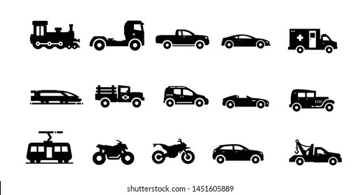 flat vector vector transportation icons including car, van, motorcycle, truck, mini car, limo, isolated on white background