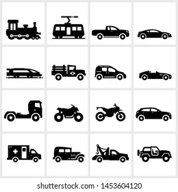 iconos de transporte vectorial plano, incluidos camión, camioneta, motocicleta, coche, aislados en fondo blanco