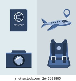 Flat vector travel icon set featuring a passport, airplane, backpack, camera, and map pin. Clean minimal style ideal for travel blogs, stickers, apps, websites, and tourism materials.