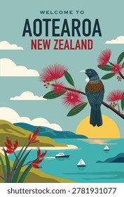 Flat vector travel illustration featuring a Tui bird, pōhutukawa flowers, and a scenic coastal bay.