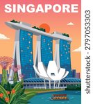 Flat vector travel poster of Marina Bay skyline during sunset with tropical plants and boat