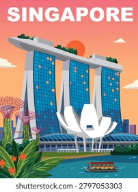 Flat vector travel poster of Marina Bay skyline during sunset with tropical plants and boat