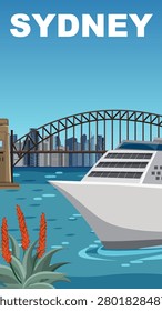 Flat vector travel poster of Sydney harbour with bridge, cruise ship, and city skyline