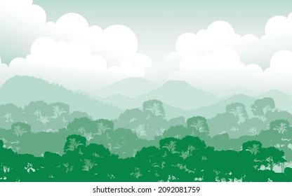 Flat vector tree and forest silhouette with sunrise 