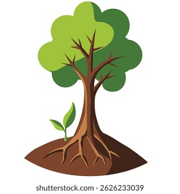 Árvore vetorial plana com folhas verdes e raízes visíveis crescendo em solo marrom, perfeito para a natureza, ambiente e gráficos temáticos de reflorestamento.