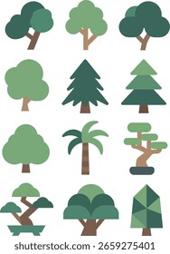 Colección de iconos de árbol de Vector plano - Conjunto de varias Formas de árbol