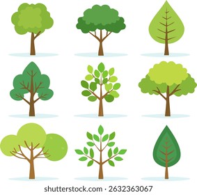 Flat vector of tree icons in various shapes and colors. Tree vector in various color isolated on white background