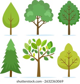 Flat vector of tree icons in various shapes and colors. Tree vector in various color isolated on white background
