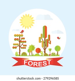 Flat vector tree illustration, autumn, flower